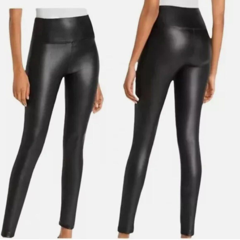 BAGATELLE LARGE HIGH RISE BLACK FAUX LEATHER SKINNY STRETCH PULL ON LEGGINGS